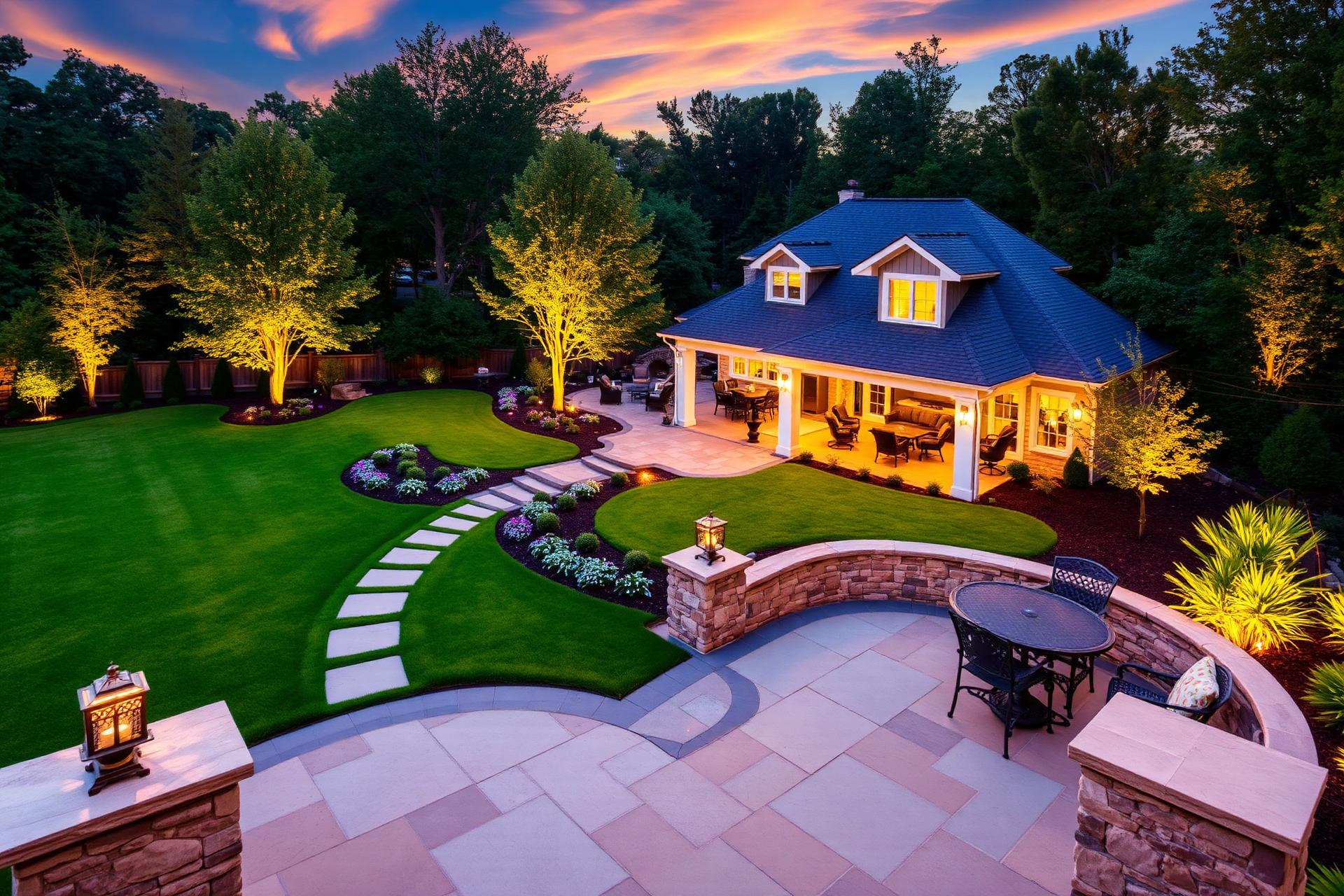 Luxury landscaped backyard at golden hour